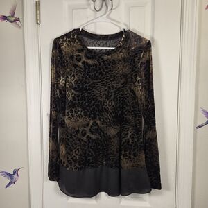 Glam Gold Velvet Burnout Leopard Print Tunic Top Black Size S/M Layered Hem